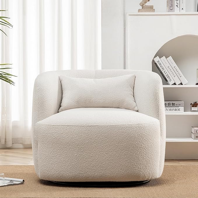 KINWELL 34" Wide Boucle Swivel Barrel Chair, No Assembly Round Upholstered Armchair Accent Chair Single Sofa Chair with Toss Pillow for Living Room and Bedroom, Beige