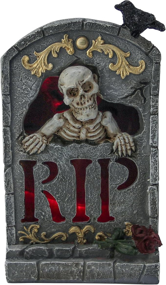 Halloween Decoration Indoor 7.6″ Tombstone Statue with LED Lights Spooky Skull Head Gravestone Skeleton RIP Lighting Changes Halloween Village for Table Shelf Home Party Outdoor Decor Gifts