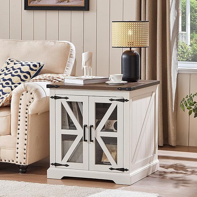 24" End Table Set of 2 with Charging Station, Farmhouse Night Stand with Glass Barn Door, Nightstands with Adjustable Storage Shelf, Large Wood Square Bed Side Table for Living Room,Bedroom