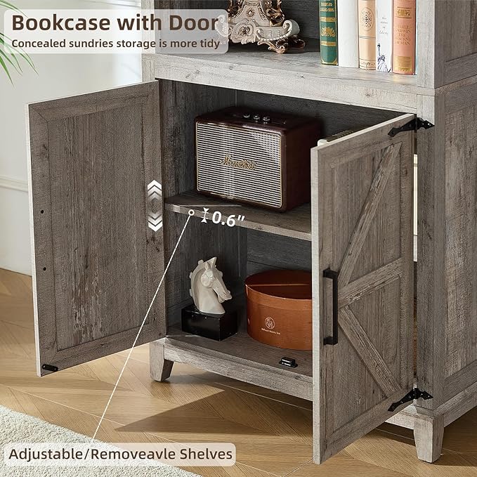 70in Tall Bookshelf 5 Tier Bookcase with Barn Doors and Adjustable Shelves, Grey Farmhouse Book Shelf with Storage Cabinet, Wood Freestanding Display Bookshelves for Bedroom, Kitchen (2PCS)