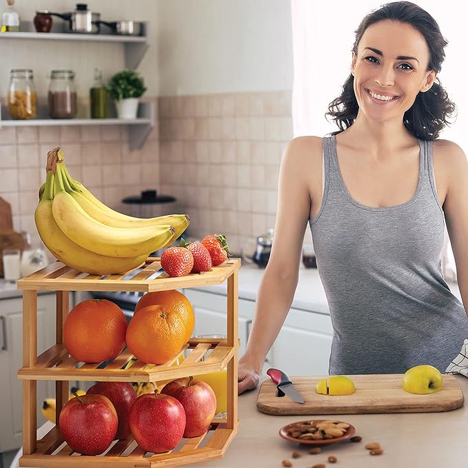 2-Pack Plate Organizer for Cabinet - Bamboo Corner Shelf for Kitchen or Bathroom Storage, Space-Saving Rack for Dishes, Countertop, Cabinet, Pantry - Organization & Housewarming Gift