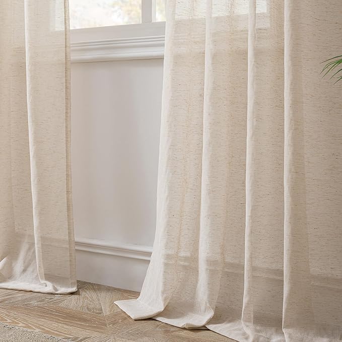 FMFUNCTEX Linen Sheer Curtains for Bedroom, Taupe Curtains 96 inches Long for Living Room, Brown Farmhouse French Flax Blend Window Draperies, Rod Pocket 2 Panels Set
