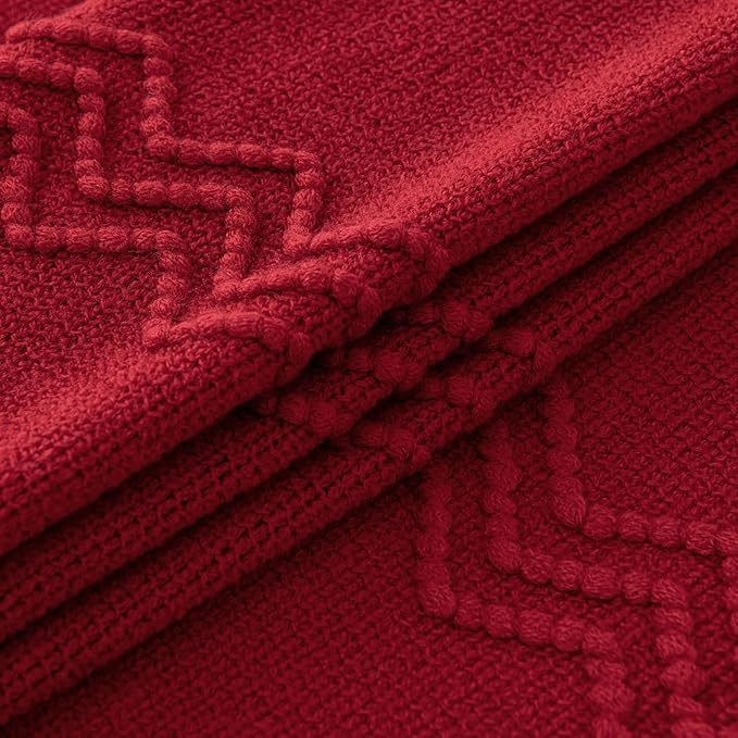 MIULEE Burgundy Red Knitted Throw Blanket for Couch Boho Textured Cozy Woven Blanket with Tassels for Sofa Chair Bed Living Room Acrylic Wave Pattern 60"x80"