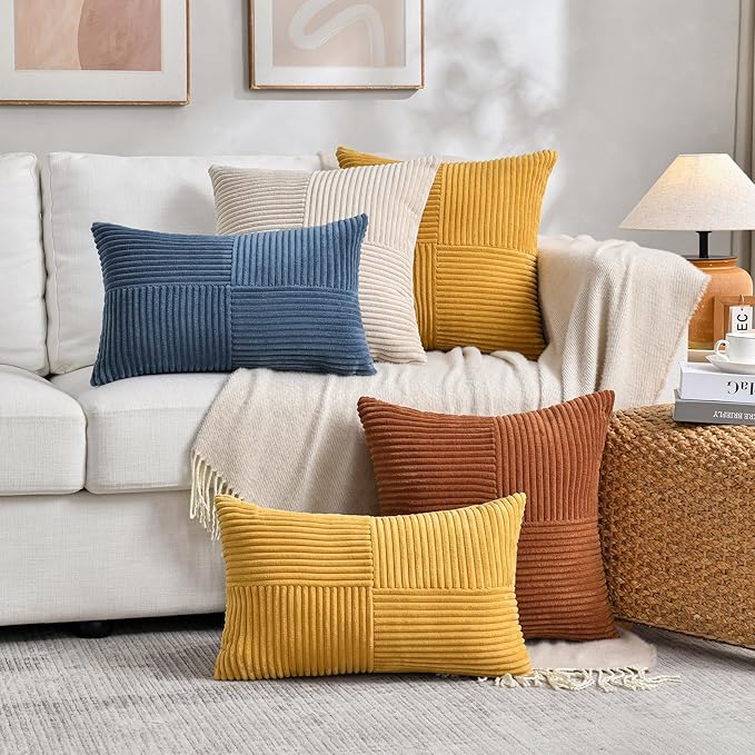 Fancy Homi 2 Packs Tan Decorative Throw Pillow Covers 16x16 Inch for Living Room Couch Bed Sofa, Farmhouse Boho Home Decor, Soft Corss Patchwork Corduroy Textured Square Beige Cushion Case 40x40 cm