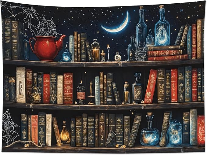 LB Gothic Bookshelf Tapestry, Horror Spider and Vintage Book Halloween Wall Tapestry for Bedroom Aesthetic, Galaxy Moon Wall Art for Living Room Dorm Home Decor Ready to Hanging, 60 x 40 Inches
