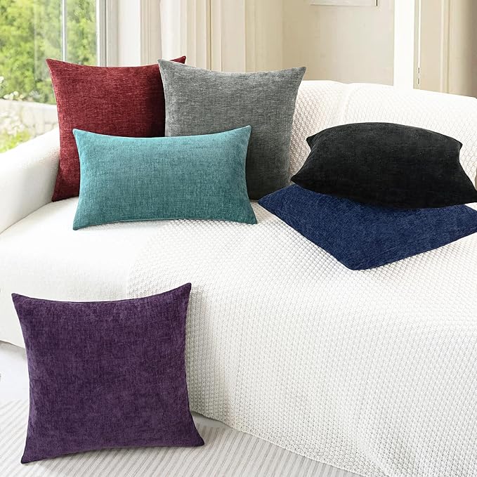 CaliTime Throw Pillow Covers Decorative 24 X 24 Inches Pack of 2 Cozy Chenille Cushion Cases for Couch Sofa Bed Living Room Home Black