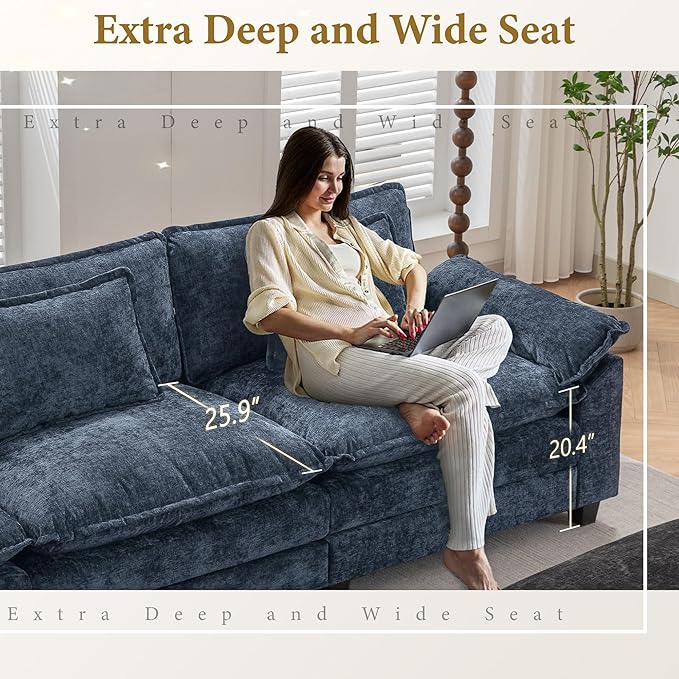 URRED Modular Sectional Sofa Comfy Cloud Couch, Modern Chenille Sofa Sleeper Deep Seat Couches with Ottoman/Pillows for Living Room (Blue, 117'' - U Shape)