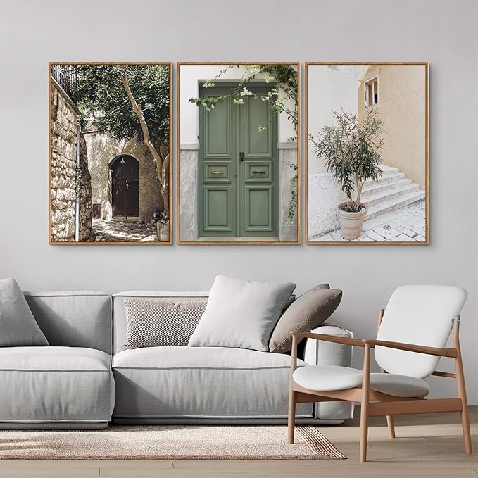 SIGNINART Large Vintage Italy City Landscape Framed Canvas Wall Art Set, Rustic Olive Green Tree Wall Decor, Modern Minimalist French Farmhouse Art Print for Living Room,Bedroom,Office 24"x36"x3