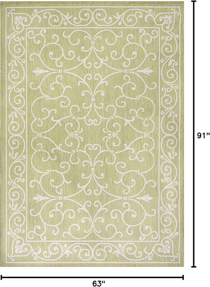 JONATHAN Y Vintage Filigree Indoor Outdoor Area Rug 5X8 Green/Cream, Charleston Textured Weave for Backyard, Patio, Porch, Easy-Cleaning, High Traffic, Pet-Friendly, Non-Shedding (SMB106H-5)