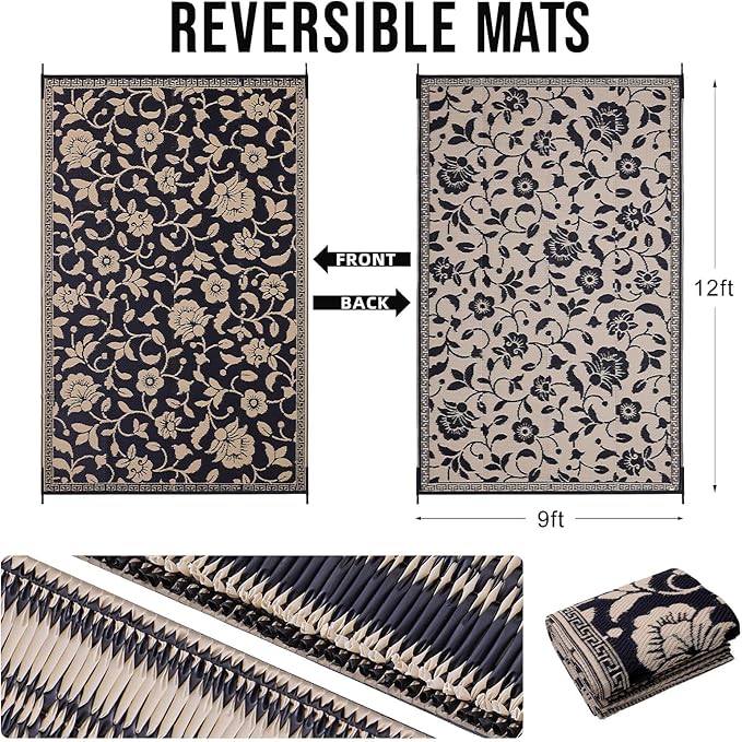 OLANLY Waterproof Outdoor Rug 9x12 ft, Outdoor Plastic Straw Rug with Flower Pattern, Reversible RV Mat for Patio, Camping, Balcony, Deck, Backyard, Black & Beige