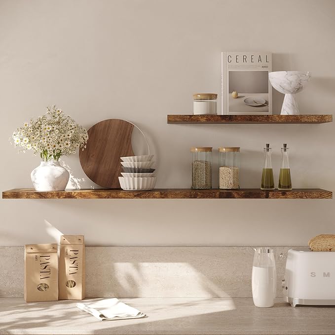 Wall Shelf Set of 2, Rustic Brown Floating Shelves 24 in W x 10 in D x 1 in H, Wooden Floating Wall Shelf with Invisible Brackets for Living Room/Bedroom/Bathroom/Kitchen Storage and Decor