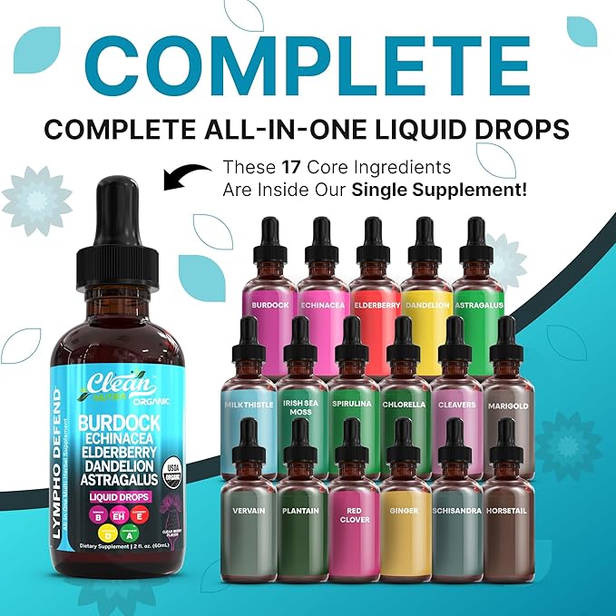 Organic Lymphatic Drainage Supplement | Lymphatic Support Drops | Burdock Root Echinacea Elderberry Dandelion Astragalus Milk Thistle Sea Moss Red Clover Cleanse Marigold Drop by Clean Nutra