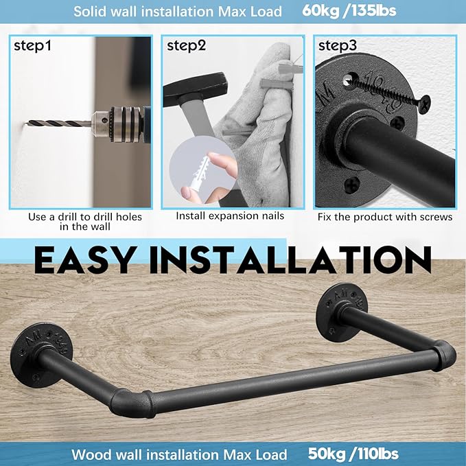 Industrial Pipe Clothes Rack Set of 2, 21” Heavy Duty Wall Mounted Clothing Rack Multi-Purpose Garment Bar, Space-Saving Hanging Rod for Laundry Room,Closet Storage