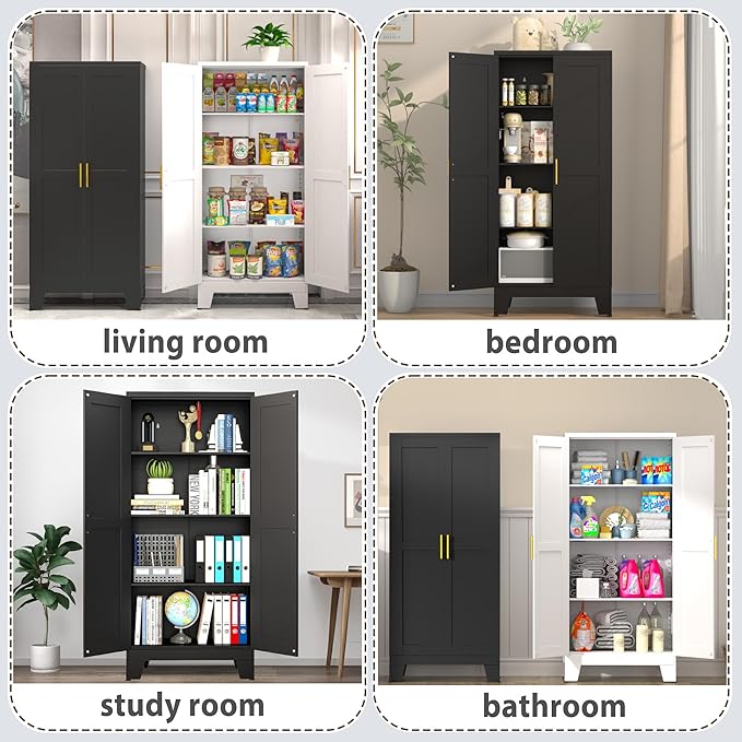 61.02" Kitchen Pantry Cabinet, Pantry Storage Cabinet with 2 Doors and Adjustable Shelves, Black Food Storage for Kitchen, Living Room, Bedroom and Dining Room (Black) Metal Sideboard