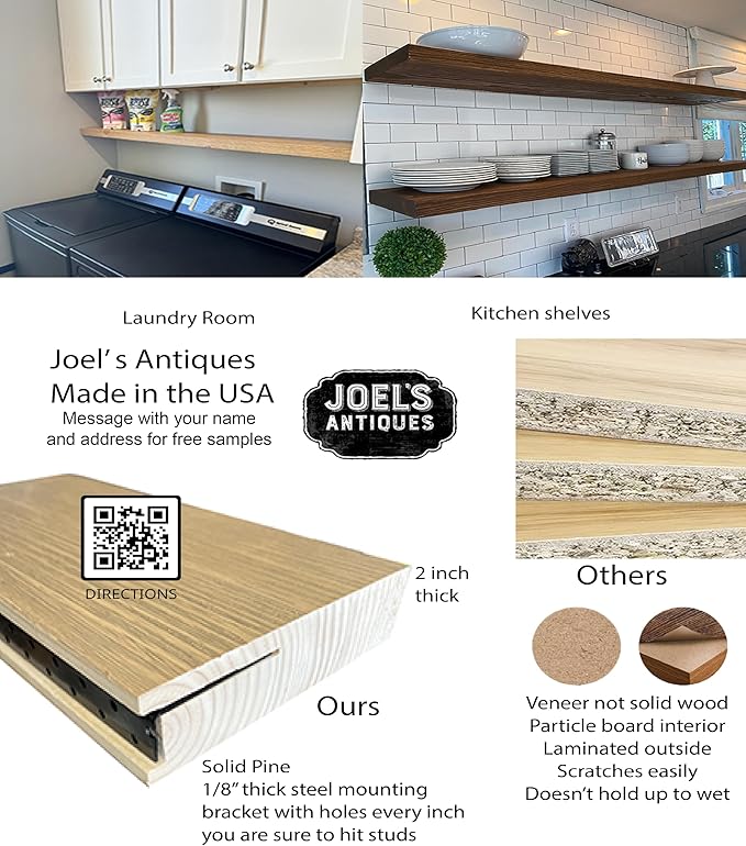 Joel's Antiques 36 Inch Wooden Floating Shelves for Wall - 36x8x2 in - Made of Natural Wood - Heavy Duty Rustic Wall Shelves for Bedroom - Perfect for Living Room, Kitchen - Grey