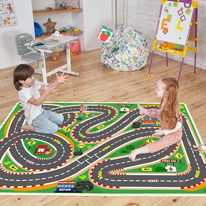 Kids Rug Race Track Play mat Playroom Rug Car Rugs for Kids Toy Cars Road Rugs for Kid Classroom (Race-Green, 2.6x3.9ft)