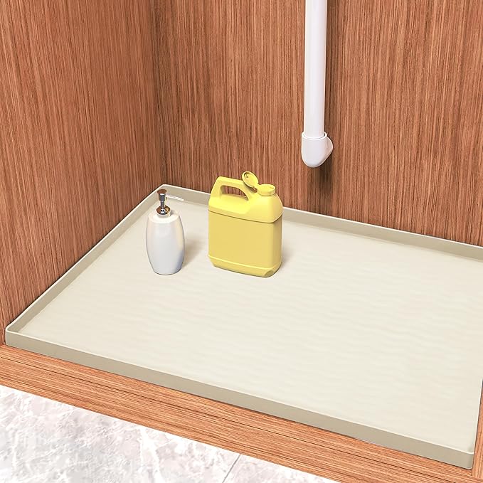 URMONA Waterproof Silicone Under Sink Mat 25'' x 22'' Shelf Liner for Kitchen and Bathroom, Cabinet and Counter Protector, Storage and Organizers, Litter Mat, Pet Cat Puppy Essentials(Cream)