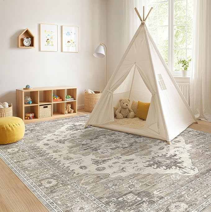Washable Area Rugs for Living Room -6x9 Neutral Vintage Distressed Floral Farmhouse Boho Large Soft Floor Rug Indoor Non Slip Carpet for Living Room Bedroom Dining Room Office-Brown/Beige