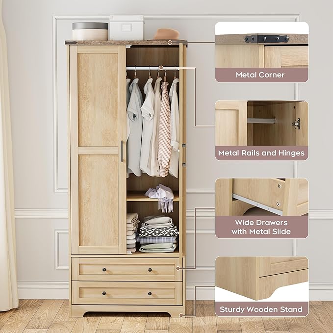 Brafab Wooden Armoire Wardrobe Closet with 2 Modern Doors, 71" Tall Freestanding Closet Wardrobe Cabinet with Drawers and Hanging Rail, Storage Cabinet with Shelve for Bedroom (Natural, 2 Doors)