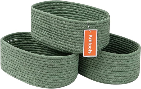 Shelf Storage Baskets for Organizing|Decorative Basket for Closet Storage|Toy Baskets&Bins|Small Woven Rope Baskets-13x8.66x5.11’’,Durable&Stylish,Oval 3 Packs Green