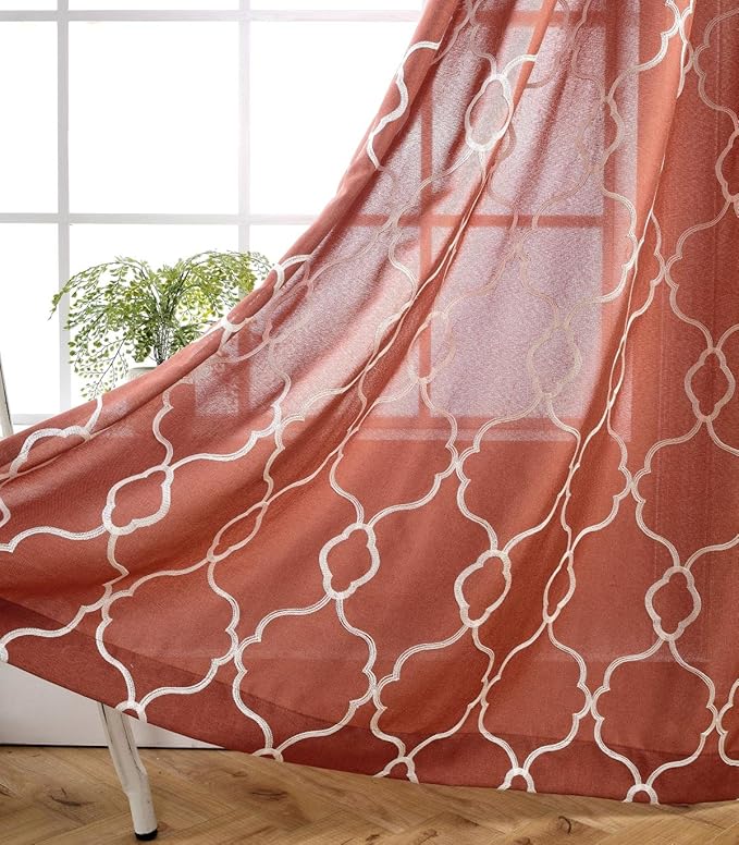 MIUCO Moroccan Embroidered Semi Sheer Curtains Faux Linen Extra Wide Grommet Window Panel Pair for Bedroom 52 x 95 Inch, Rust