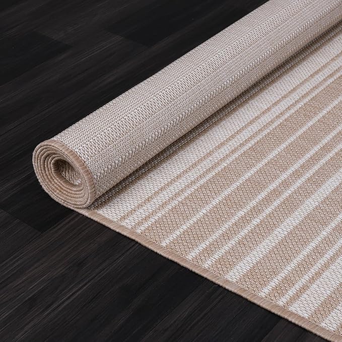 Stripe Outdoor Rug 9x12 Washable Outside Carpet for Indoor Patio Porch Waterproof Easy Cleaning Non Shedding Area Rugs Beige 9 x 12