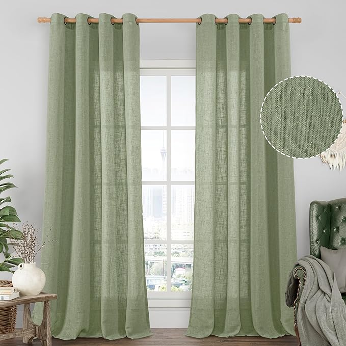 LAMIT Living Room Linen Curtains 90 Inch for Bedroom, Bronze Grommet Linen Textured Sheer Curtains Light Filtering Burlap Drapes for Farmhouse, 2 Panels, 52 x 90 Inch, Sage Green