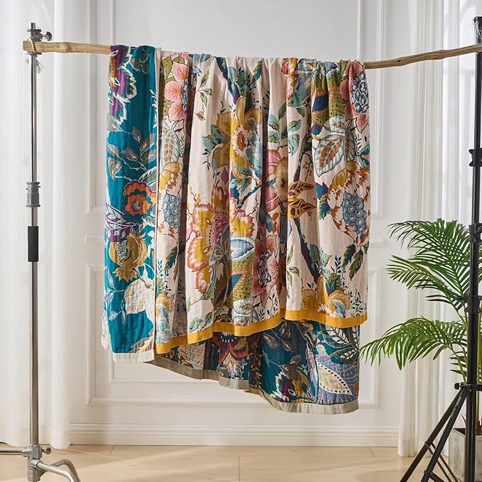 Boho Throw Blanket, Reversible Cotton Bohemian Tapestry Hippie Room Decor Double Sided, 100 Cotton King Size Bed Throw, Lightweight Summer Blanket for Travel, Sofa, Picnic,90"x98"
