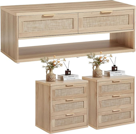 LEYAOYAO Boho Rattan Coffee Table and End Table Sets, 48" Wide Center Tables & 23" Night Stand with 3 Drawers, Natural Wood Coffee Table for Living Room 3 Piece Set