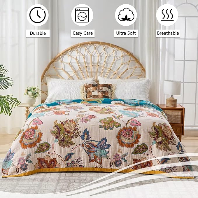 Summer Boho Throw Blanket for Bed, Multi Reversible Blanket Washable Breathable,Lightweight 4-Layer King Size Quilt for Bed,Floral Birds, 100% Cotton Muslin Large Travel Throw Blanket,90"x98"