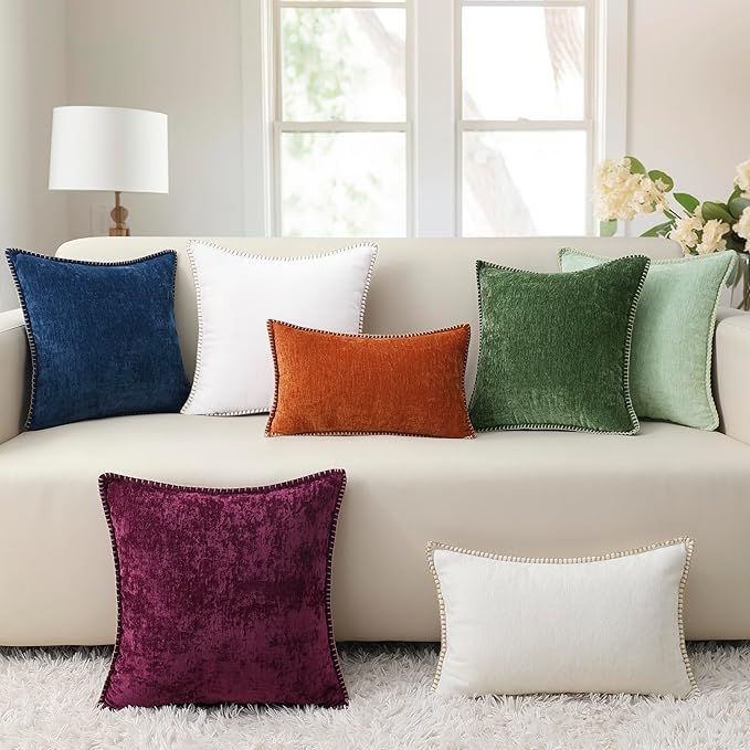 decorUhome Chenille Soft Throw Pillow Covers 12x20 Set of 2, Lumbar Velvet Farmhouse Neutral Decorative Euro Pillow Covers with Stitched Edge for Couch Sofa Bed Home Decor, Rhododendron