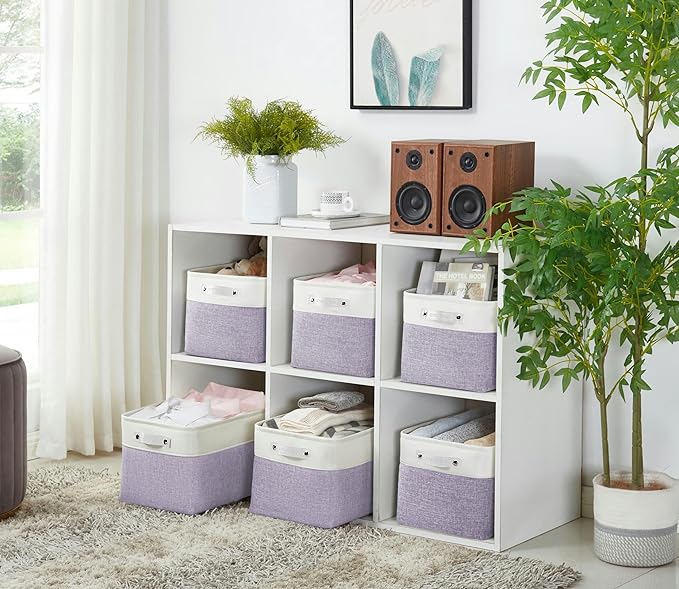 DECOMOMO Storage Bins Fabric Storage Baskets for Shelves, Linen Closet Organization Toys Nursery (Purple and White, Large - 3 Pack)