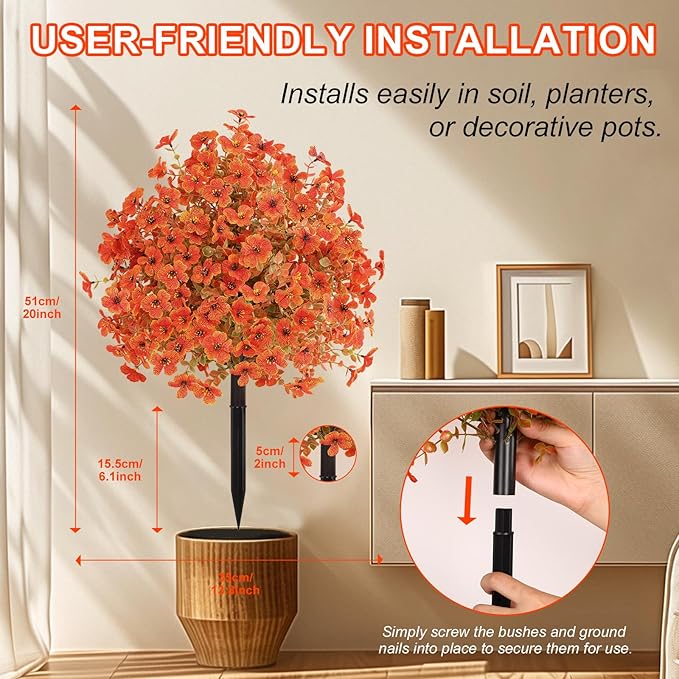 Set of 4 Artificial Fall Topiary Ball Flowers for Outdoor Decoration with Spike 20", UV Resistant Fake Autumn Floral Shrubs, Realistic Faux Bushes Plants for Garden,Yard,Porch and Patio Decor