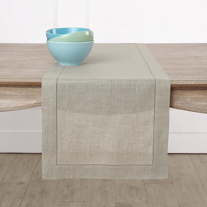 Solino Home Linen Natural Table Runner 60 Inches - Classic Hemstitch, 100% Pure Linen Coffee Table Runner 14 x 60 Inch Ideal for Dresser Tables - Fall, Autumn, Halloween, Thanksgiving
