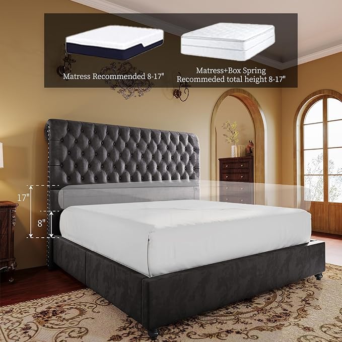 PaPaJet Bed Frame Queen Size Upholstered Platform Bed with 52.8'' Tall Sleigh Headboard, Button Tufted, No Box Spring Needed, Easy Assembly, Dark Grey