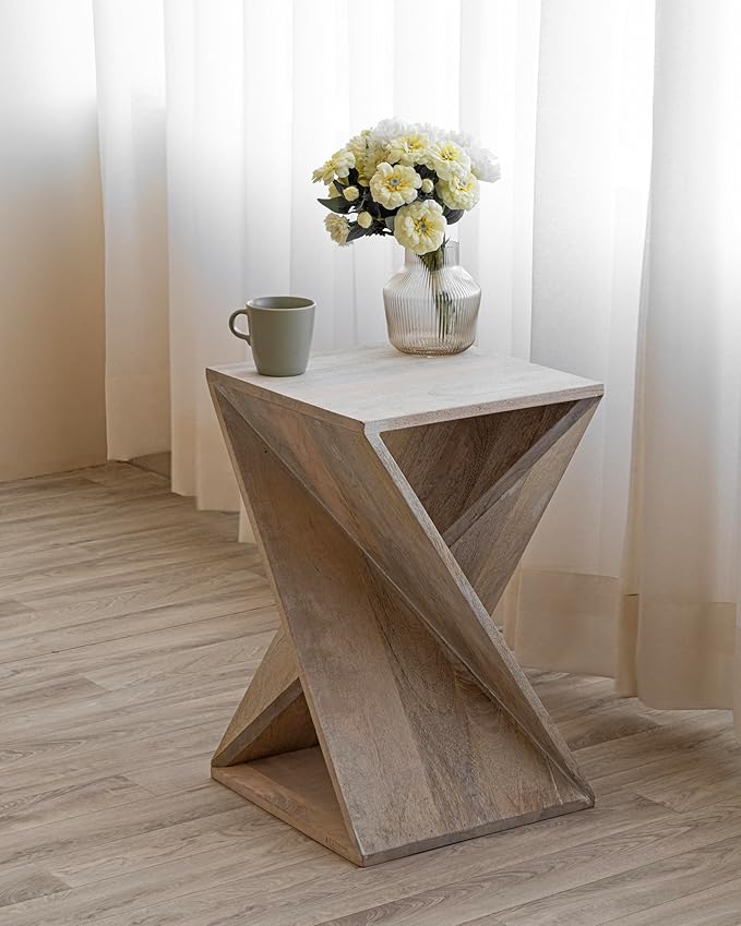 Modern Hand Made One-of-a-Kind Carved Mango Wood End Table, Farmhouse Side Table,Farmhouse End Table,Living Room,Bedroom, Accent Table, Contemporary Architectural Designed Whitewash,Assembled