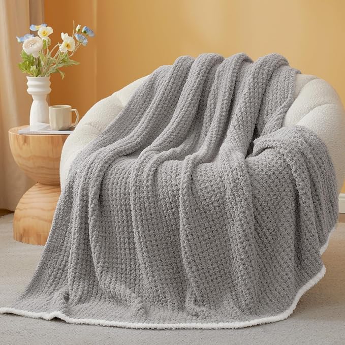 Snuggle Sac Ultra Soft Waffle Throw Blanket for Couch Bed Sofa 50x60 inches, Reversible Grey Blanket Microfiber Fluffy Fuzzy Cozy Knit Throws for Women Mothers Birthday Gifts