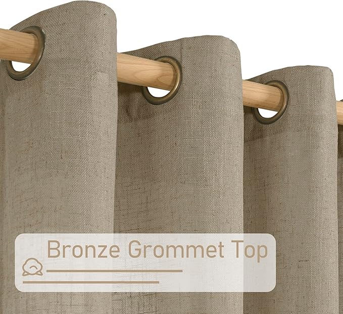 LAMIT Taupe Linen Sheer Curtains 54 Inches Long, Light Filtering Panels Bronze Grommet Country Decor Drapes for Bathroom/Window/Bedroom, 2 Panels Set, 52 x 54 Inch