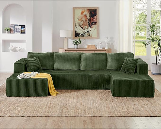 HYJT-H&K Modular Sectional Sofa Cloud Secttional Couch, 132" Comfy U Shaped Couches for Living Room, Deep Seat Memory Foam Fluffy Plush Corduroy Boneless Couch Sectionals with Chaise, Green