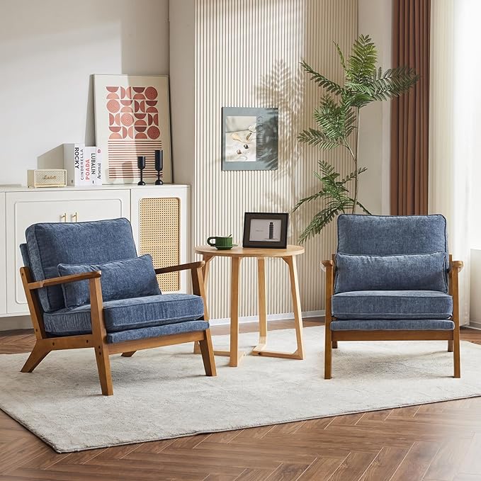 Karl home Accent Chair Wide Armrest Mid-Century Lounge Chair Chenille Armchair with Lumbar Pillow & Solid Wood Frame for Living Room, Bedroom, Balcony, Dusty-Blue