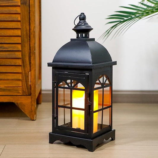TRIROCKS Decorative Vintage Candle Lanterns 14.5" H Farmhouse Outdoor Hanging Lanterns with Tempered Glass for Porch, Balcony, Patio, Home, Centerpieces, Indoor, Outdoor(Black)