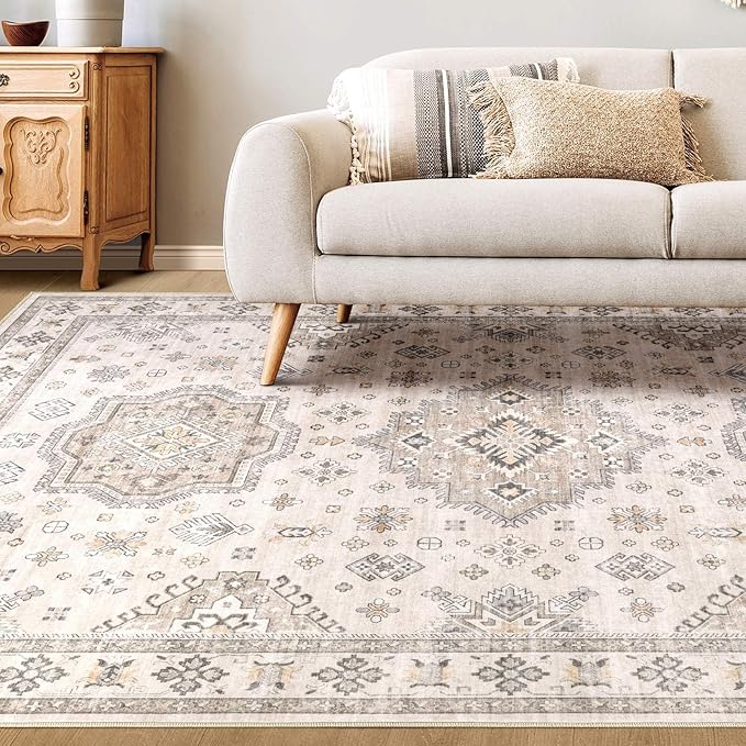Washable Area Rugs for Living Room -9x12 Neutral Vintage Distressed Floral Farmhouse Boho Large Soft Floor Rug Indoor Non Slip Carpet for Living Room Bedroom Dining Room Office -Beige Brown