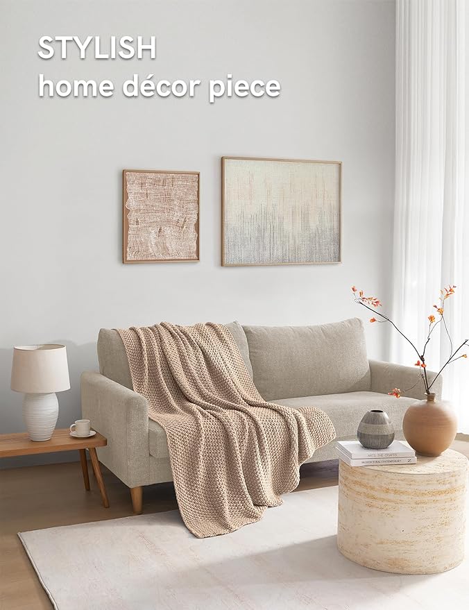 YnM Chunky Cotton Knit Throw Blanket, Cable Knit Throws for Bed Couch Sofa, Comfy & Relaxing, Decorative Piece for Farmhouse Modern Boho Rustic Scandinavian Chic Vibe, Beige 50x60 Inches