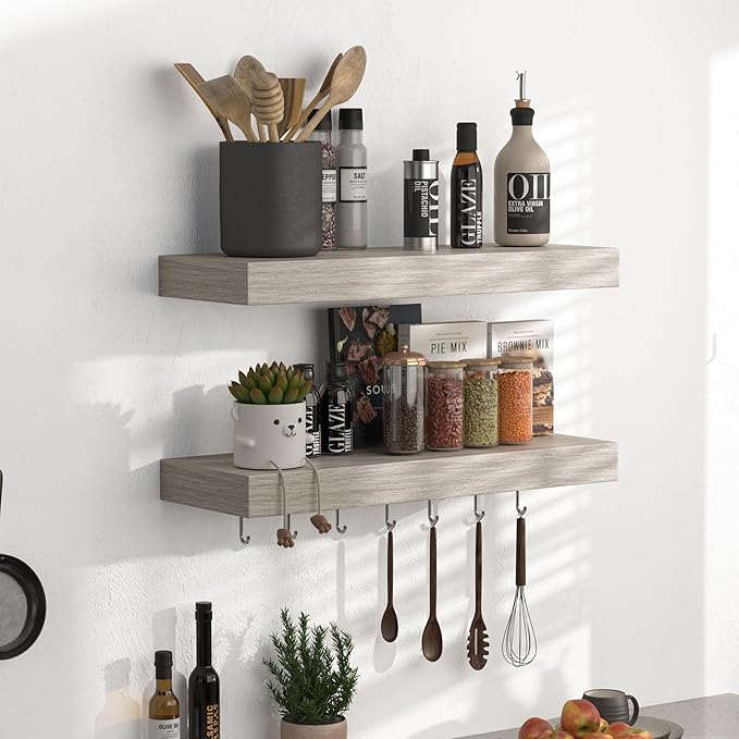 Floating Shelves - Rustic Grey Storage Shelf Set of 2 - 16 Inch Wall Mounted Shelves for Wall Decor & Storage - Wooden Shelves with Invisible Brackets for Living Room, Bedroom, Kitchen, Farmhouse