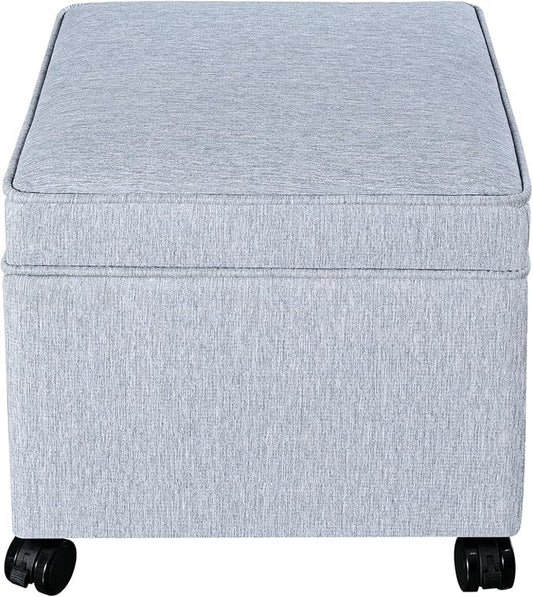 Adeco 17.5" Square Fabric Ottoman with Storage, Upholstered Cotton Linen Foot Rest, Flip Top Footstool, Small Cube Coffee Table Extra Seat for Living Room, Bedroom, Ice Blue with Rolling Legs