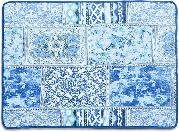 NEWLAKE Quilted Cotton Bed Pillowcases,Blue Classic Bohemian Pattern, 2 Pieces, 20x36 Inch