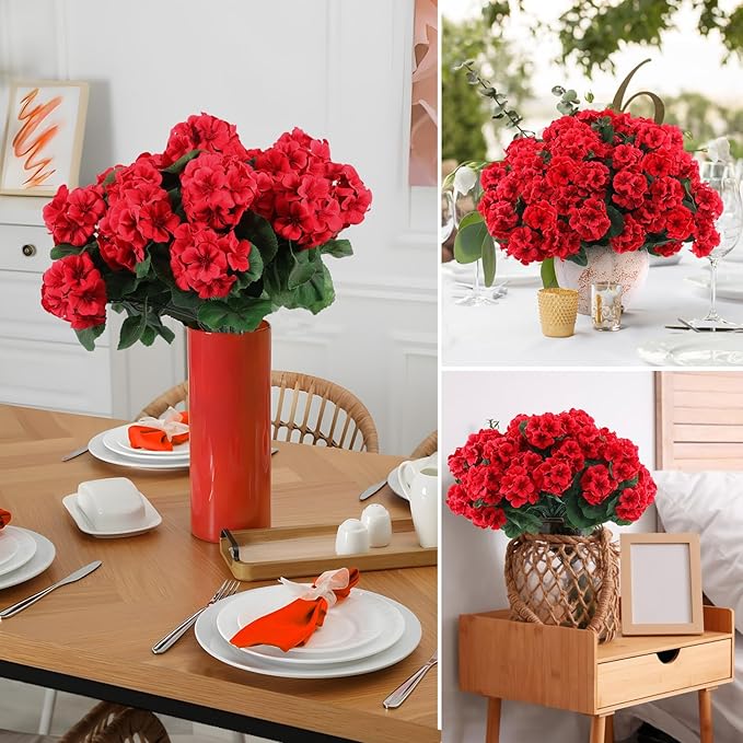 Hananona 6 Bundles Artificial Geranium Flowers for Outdoors Silk Geranium Flowers Outdoor UV Resistant Garden Plants Faux Flower for Home Kitchen Table Centerpieces Decor (6, Red)