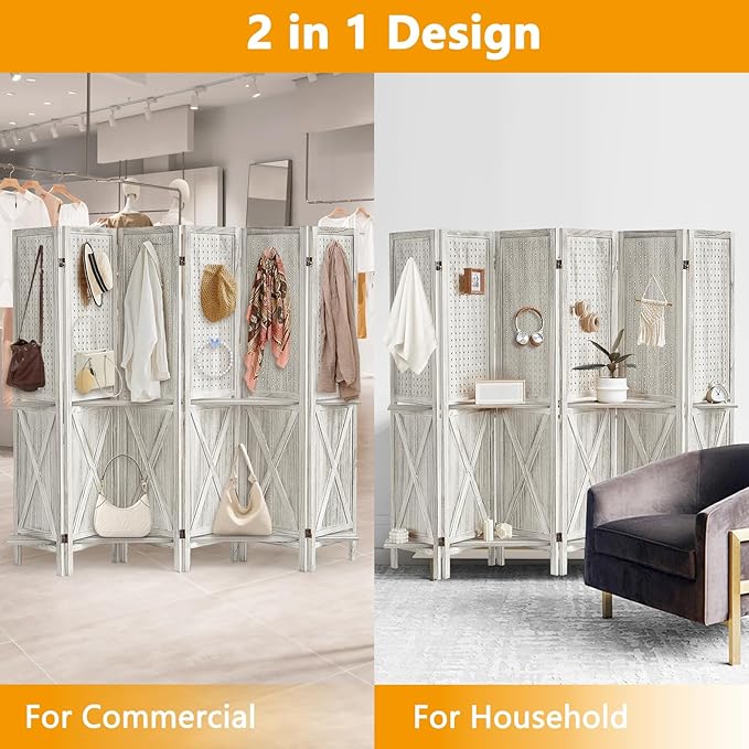 6 Panel Pegboard Display with 24 Hooks, Wooden Pegboard Room Divider Wall with Shelf, Rustic Room Dividers and Folding Privacy Screens, Bedroom, Jewelry Store, White