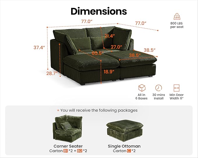 Oversized Modular Sofa, Extra Deep Cloud Corduroy Sectional Couch with Ottoman Chaise, Fluffy Corduroy 4 Seater Couch Bed for Living Room, Villa (Sofa Bed 4 Seater, Corduroy Green)