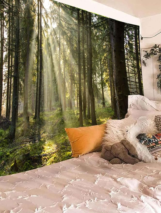 Onivein Forest Tapestry Nature Sunlight Streaming Through Green Trees Wall Hanging for Bedroom Living Room Office Decor 80 x 60 Inches